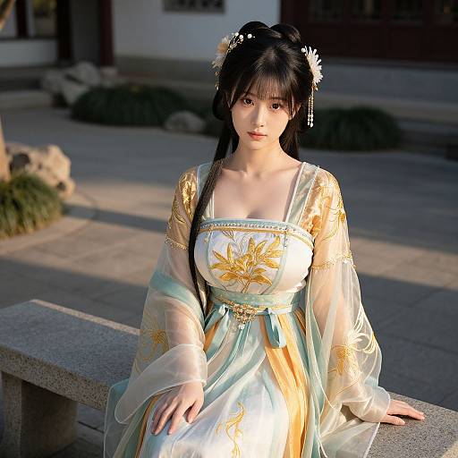 Digital art of an East Asian woman in a traditional, ornate, white and gold kimono with turquoise accents, sitting outdoors on a stone bench.