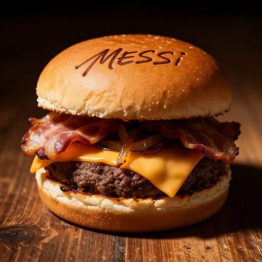 Photograph of a juicy burger with crispy bacon, melted cheese, and a 