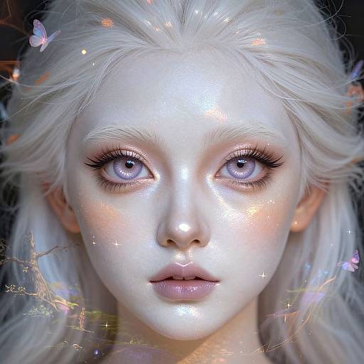 Digital portrait of a ethereal, white-haired woman with glowing, purple eyes, surrounded by sparkles, butterflies, and light reflections. Fantasy art style