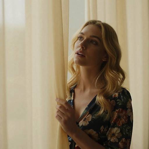 Blonde Beauty Behind Sheer Yellow Curtains