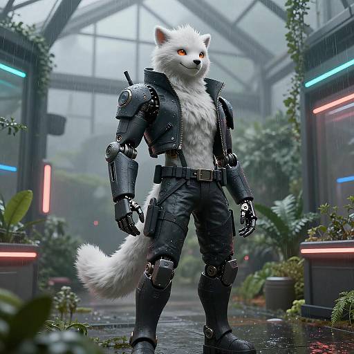 Cyberpunk White Wolf Anthro in Black Mechanical Gear