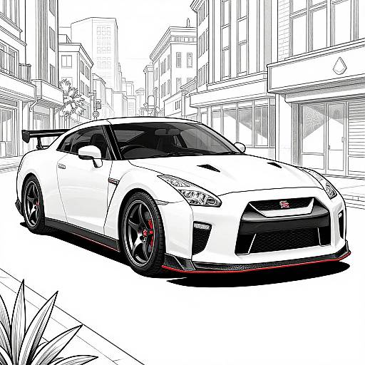 Black-and-white digital drawing of a high-performance white sports car with red accents, parked on a city street with tall buildings.