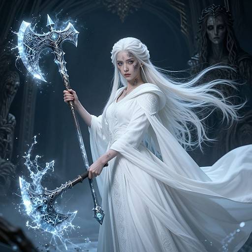 Digital art of a white-haired, pale-skinned woman in a flowing white dress holding a glowing, electric blue, ornate staff in a dark,
