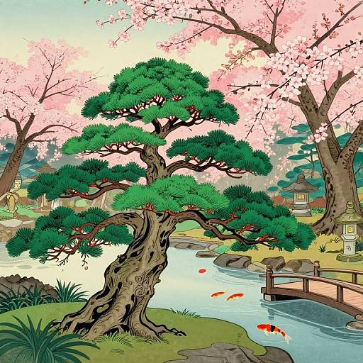 Colorful digital illustration of a lush, twisted bonsai tree beside a serene pond with koi fish, pink cherry blossoms, and traditional Japanese houses