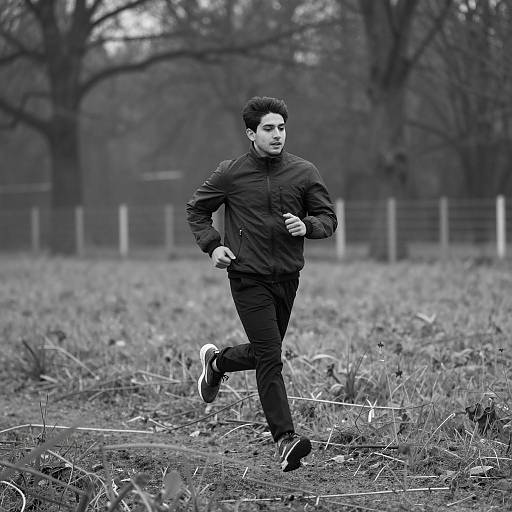 Determined Runner in a Black-and-White Field