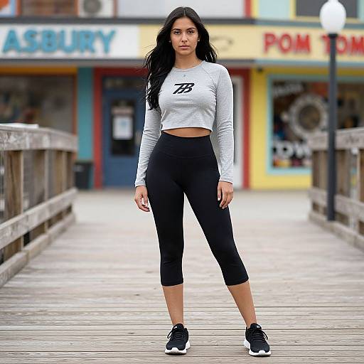Photograph of a young woman with long black hair, wearing a white long-sleeve crop top and black capri leggings, standing confidently on a