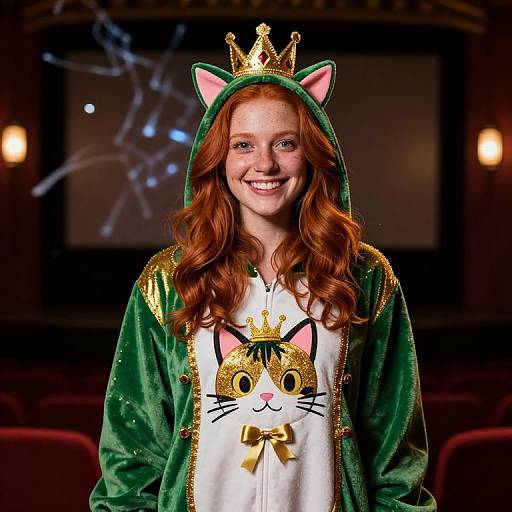 Photograph of a smiling red-haired woman in a green cat costume with gold crown, white shirt, and green velvet hood. Theater background.