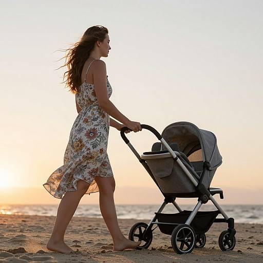 Photograph of a woman with long brown hair in a floral dress, pushing a gray baby stroller on a sandy beach at sunset.