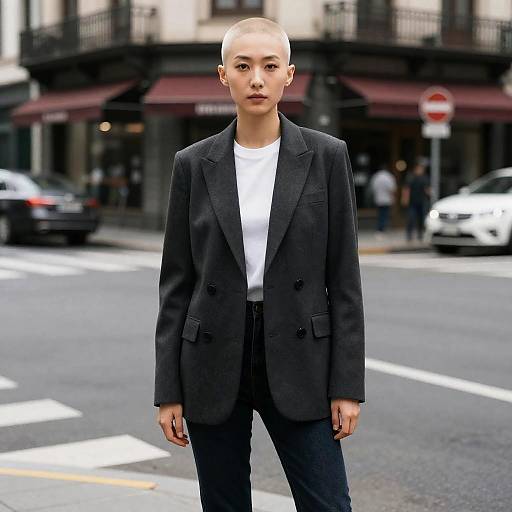 Photograph of a bald, androgynous person with fair skin, wearing a black blazer, white shirt, and dark pants, standing confidently