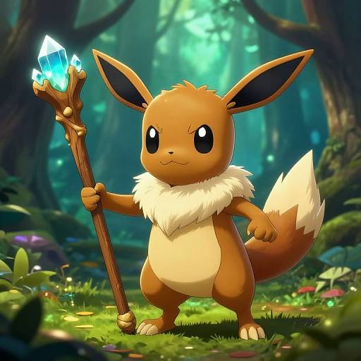Digital art of Eevee holding a crystal-tipped staff in a vibrant, enchanted forest with glowing mushrooms and sunlight filtering through trees.