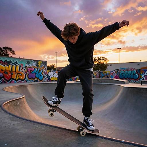 Photograph of a young man with curly hair, wearing a black hoodie and jeans, skateboarding on a curved concrete bowl at sunset, with vibrant graffiti