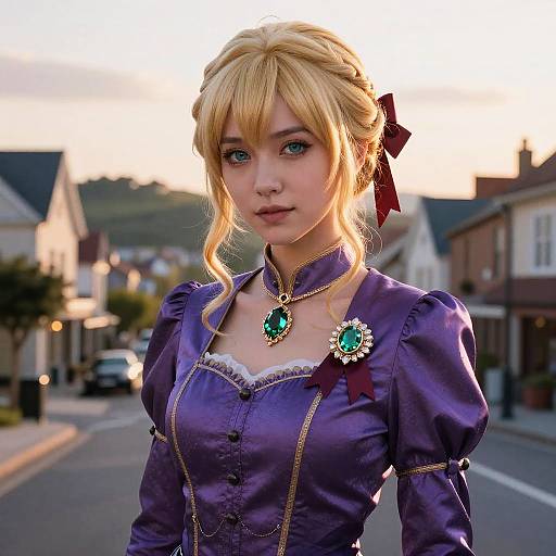 Photograph-style digital artwork of a blonde anime-style woman in a purple Victorian dress with green gem brooch, standing on a sunlit suburban street.