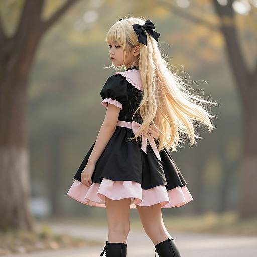Photograph of a young girl with long blonde hair, black bow, and black-pink dress, standing in a sunlit, tree-filled park.
