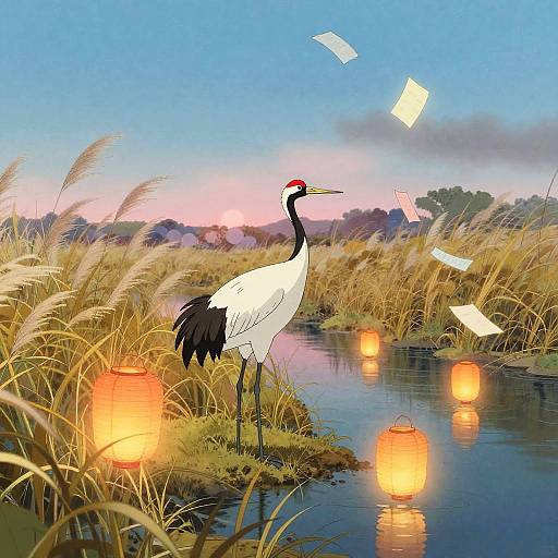Red-Crowned Crane by River with Lanterns and Floating Papers