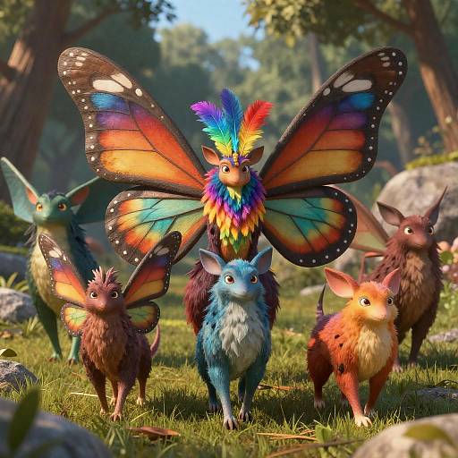 Vibrant Fantasy Creatures in a Forest
