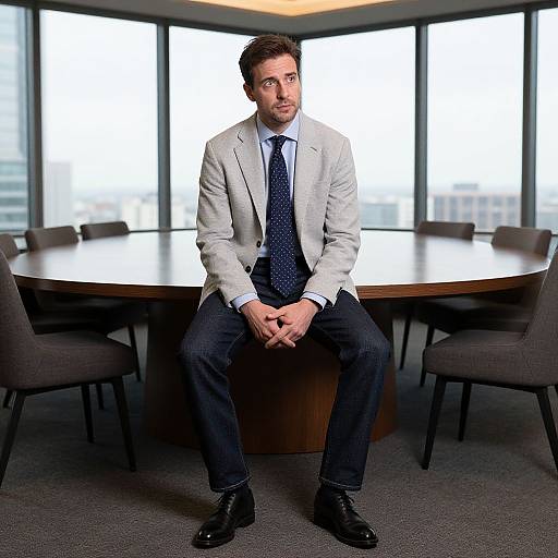 Photograph of a bearded man with light brown hair, wearing a gray blazer, white shirt, blue polka-dot tie, and black pants