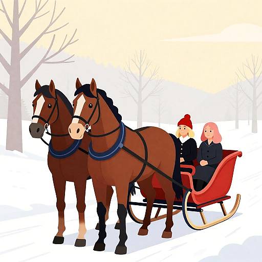 Two Horses Pulling a Red Sleigh