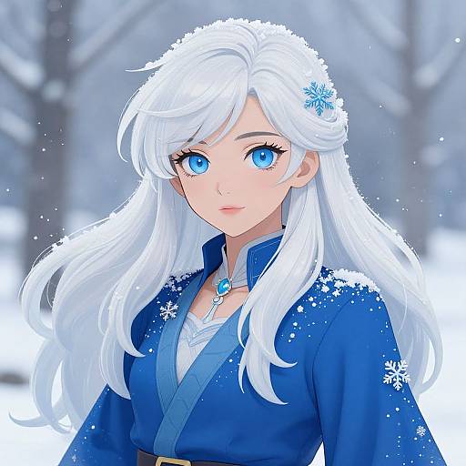 Digital anime-style drawing of a young woman with long white hair, blue eyes, and a blue kimono, standing in a snowy forest, with snow