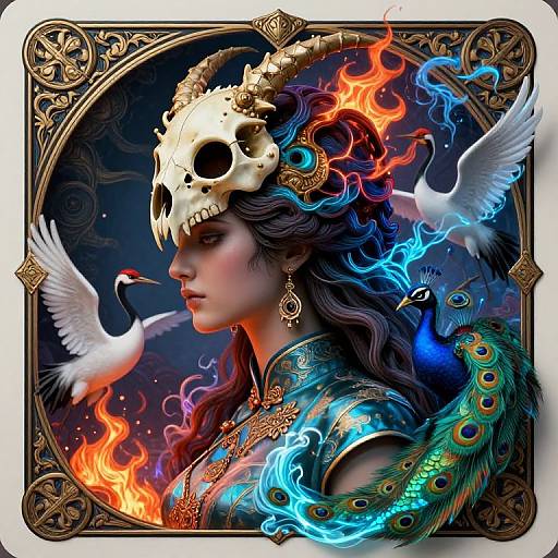 Digital artwork of a woman with a skull helmet, dark wavy hair, colorful flames, peacock feathers, and white birds, framed in ornate