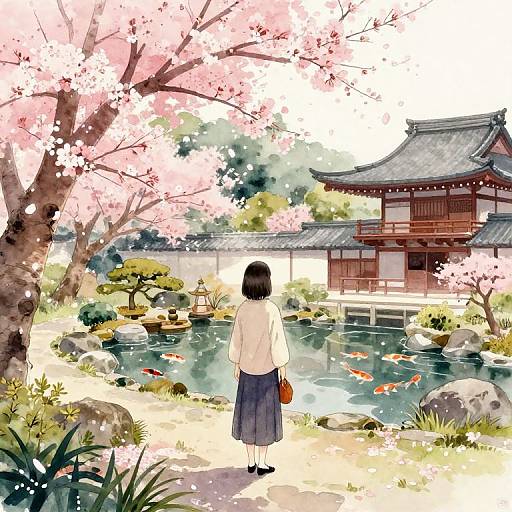 Anime-style digital painting of a girl in a white blouse and blue skirt, standing by a cherry blossom tree, facing a traditional Japanese pond with koi