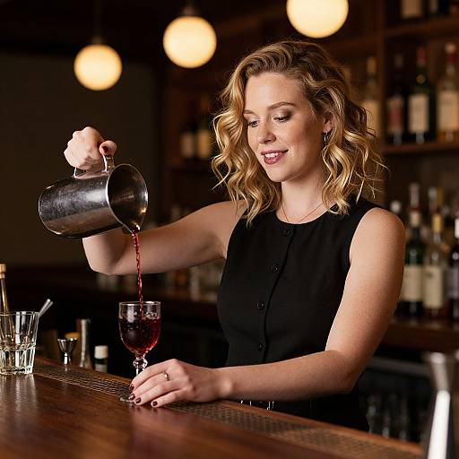 Blonde woman with wavy hair, wearing a black sleeveless top, pours red wine from a stainless steel pitcher into a glass at a dimly