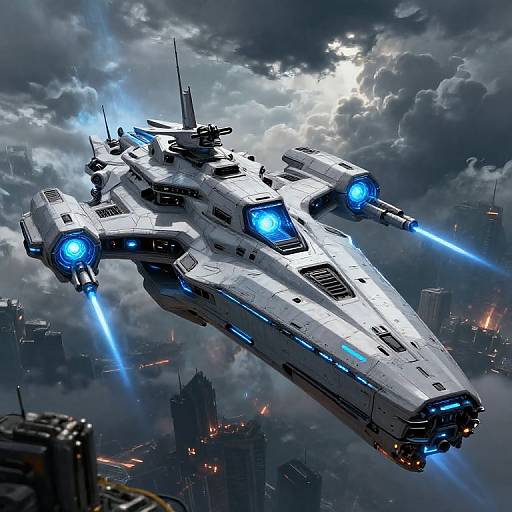 CGI sci-fi image of a sleek, white, futuristic spaceship with blue glowing lights and laser beams, soaring above a stormy, cityscape.