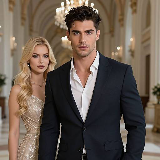 Photograph of a handsome, dark-haired man in a black suit, white shirt, and a beautiful blonde woman in a sparkly, gold dress,
