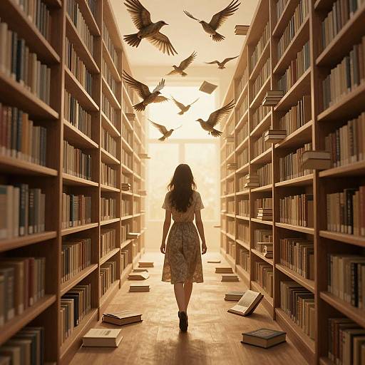 Photograph-like digital art: Silhouetted woman with long hair in floral dress walks down sunlit library aisle, surrounded by flying birds and scattered