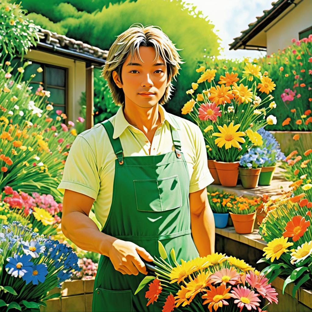 Vibrant Gardener in a Flourishing Garden