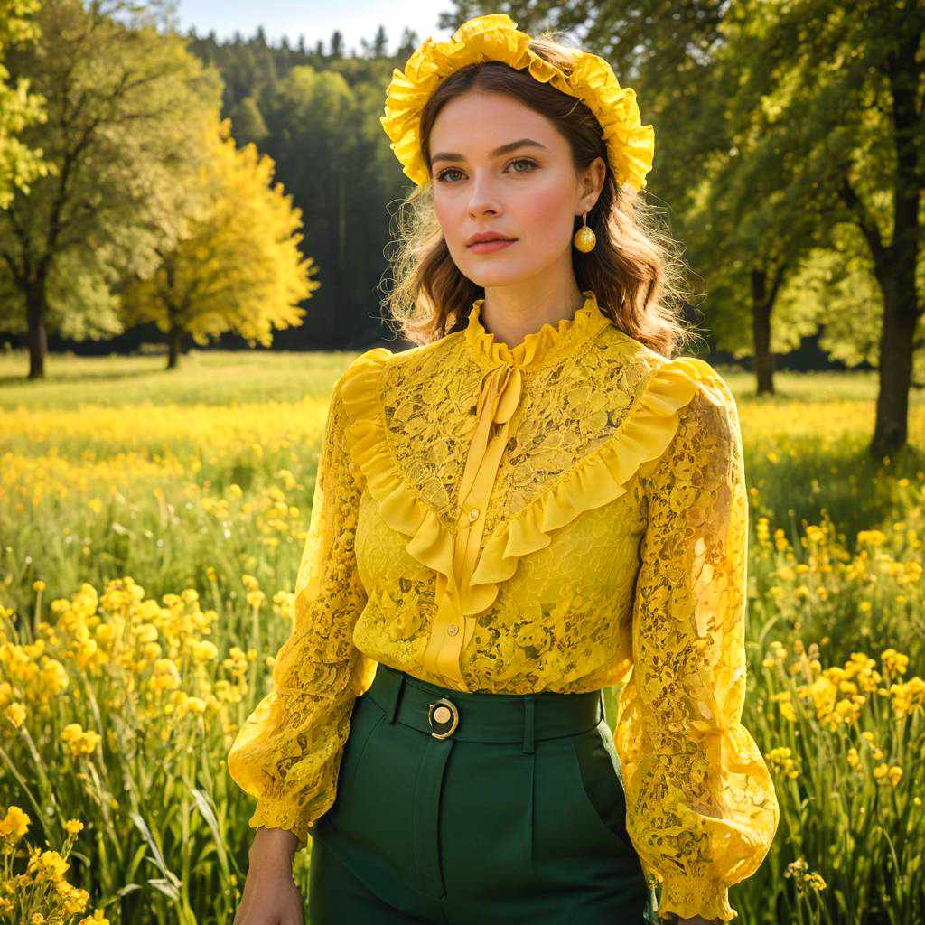 Elegant Woman in Yellow Lace Blouse