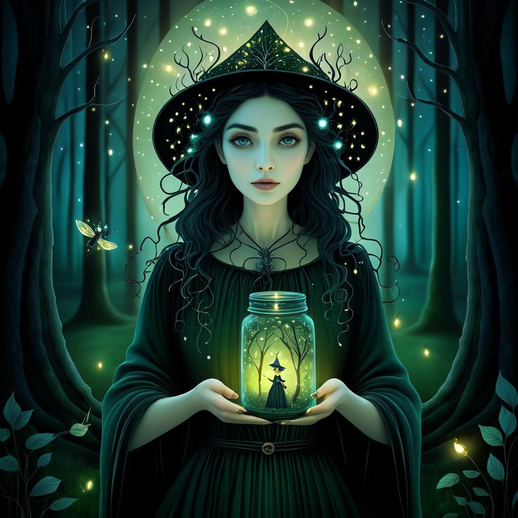 Whimsical Witch with Fireflies in Glass