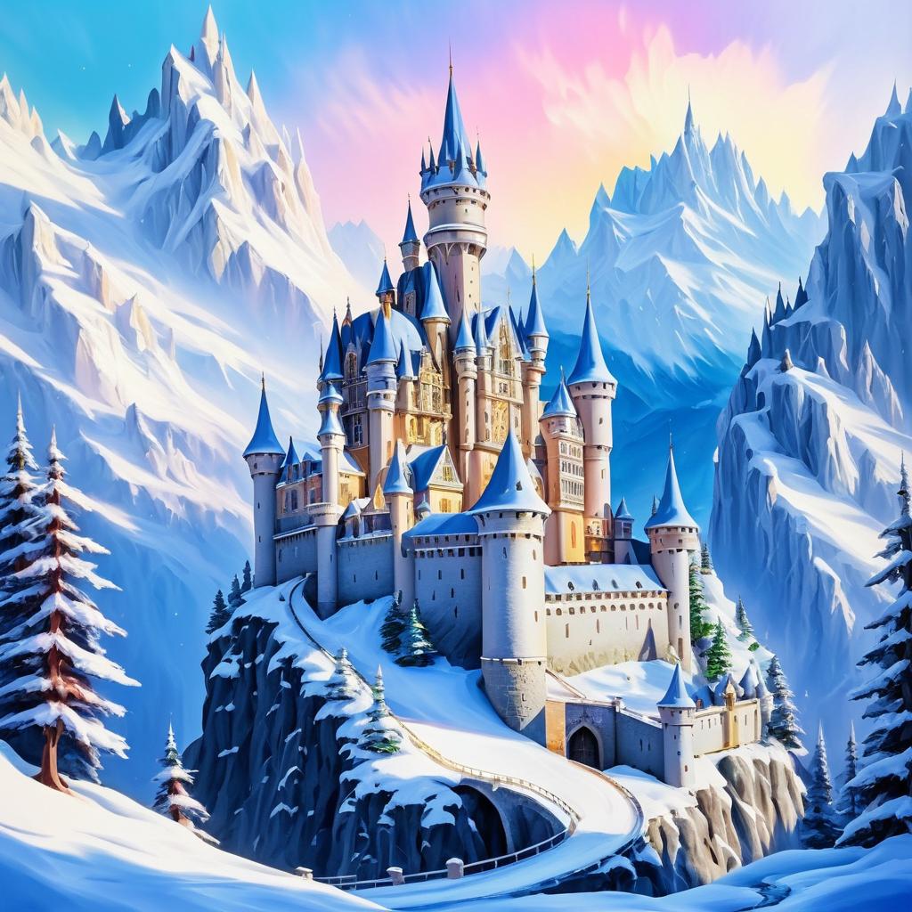 Whimsical Castle in Snowy Mountains