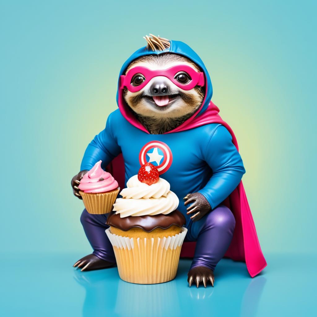 Whimsical Sloth Superhero Enjoying Cupcake