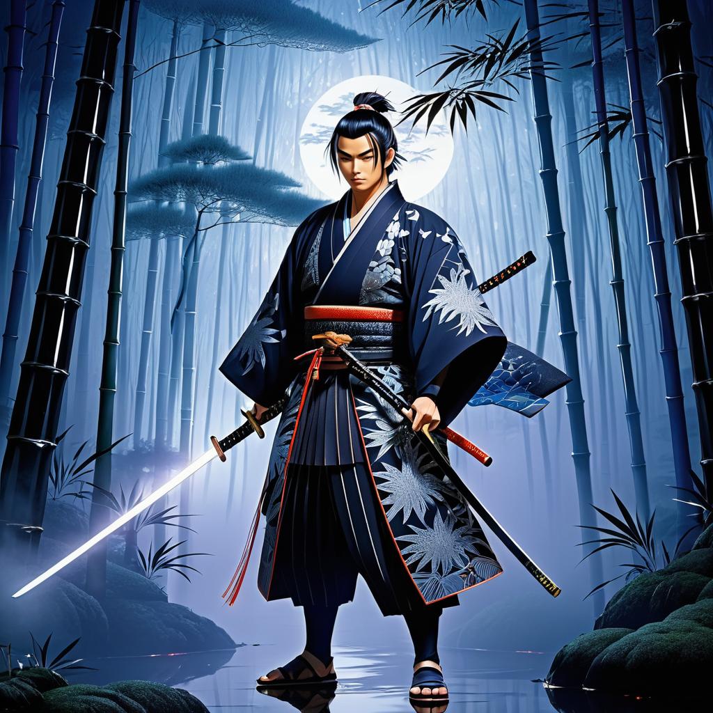 Samurai in Misty Bamboo Forest Art