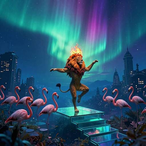 Digital art: Fire-haired lion-man with muscular build, standing on glowing steps, surrounded by flamingos, under vibrant aurora borealis, with a