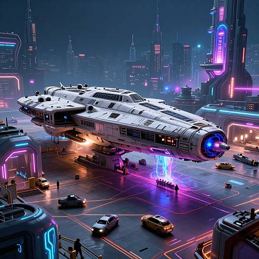 Digital artwork of a futuristic cityscape at night featuring a white, Star Wars-style spaceship landing with neon lights and vehicles below.