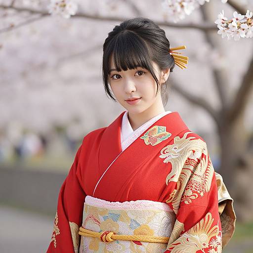 Photograph of an Asian woman with black hair in a red kimono adorned with gold floral patterns, standing in front of cherry blossom trees.