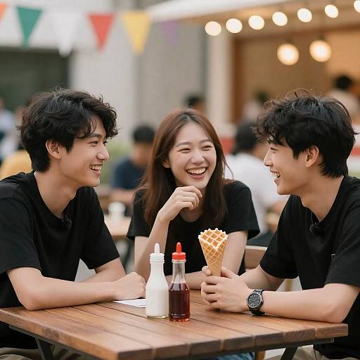 Laughing Trio at Colorful Outdoor Table