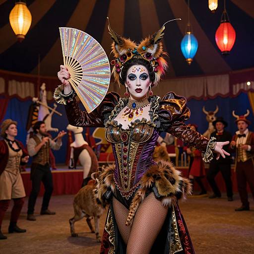 Photograph of a dramatic, costumed woman with cat-like headpiece, elaborate corset, and fishnet stockings, holding a fan, in a