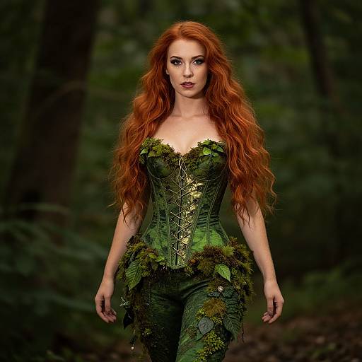 Photograph of a fair-skinned, red-haired woman with long wavy hair, wearing a green, leaf-adorned corset and pants,