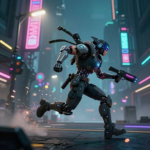 Cyborg soldier in futuristic neon-lit city, running with guns, sparks flying, wearing black armor and glowing blue accents, digital art.