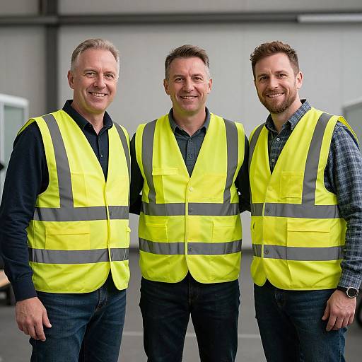 Photograph of three smiling men standing close together, wearing bright yellow high-visibility vests over dark shirts, in an indoor industrial setting.