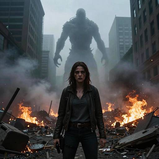 Photograph-style CGI: Dark-haired woman in leather jacket stands defiantly in front of giant shadowy monster amidst urban rubble and flames, surrounded by towering