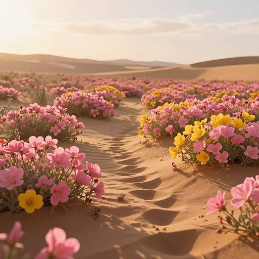 Photograph of a sunlit desert path lined with vibrant pink and yellow flowers, casting soft shadows on golden sand dunes.