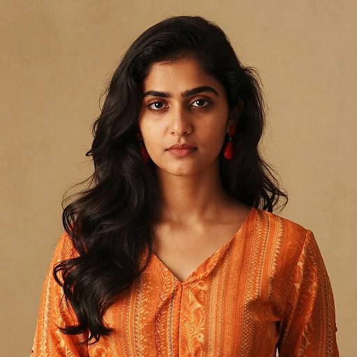 Photograph of a young South Asian woman with long black hair, wearing an orange, patterned traditional blouse, and red earrings, against a beige background