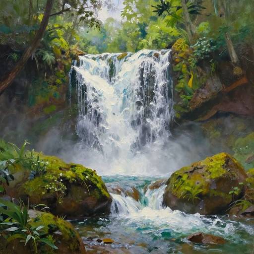 Vibrant digital painting of a cascading waterfall surrounded by lush green foliage, moss-covered rocks, and misty water, set in a dense forest