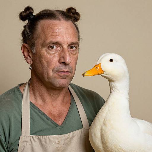Photograph of middle-aged man with bun hairstyles, green shirt, beige apron, and white duck with orange beak, neutral background.