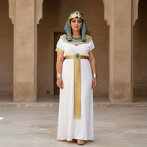 Photograph of a woman in an ancient Egyptian-style white dress with gold accents, striped headpiece, and jewelry, standing in a stone courtyard with ar