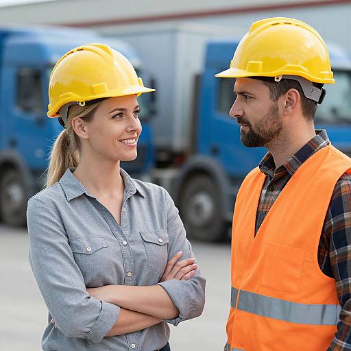 Photograph of a smiling blonde woman in a gray shirt and yellow hard hat, standing with a bearded man in an orange safety vest and yellow hard