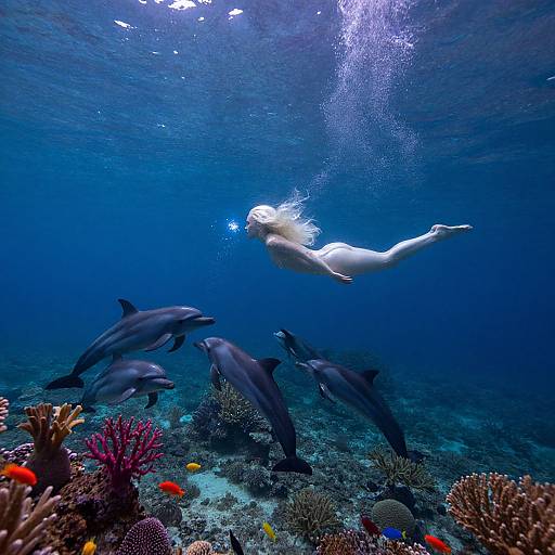 Photograph of a nude woman with long blonde hair, swimming underwater surrounded by dolphins and colorful coral reefs, illuminated by sunlight.